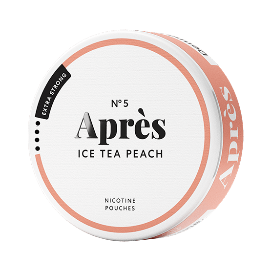 Round container of Après Ice Tea Peach Extra Strong nicotine pouches with a white background, peach-colored band, and bold black text highlighting the flavor and strength.