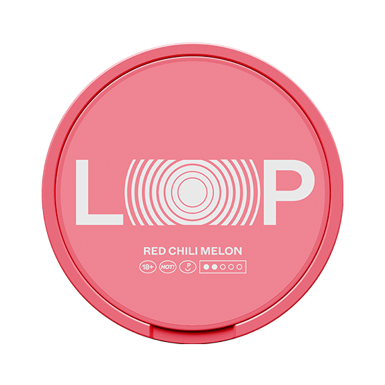 LOOP Red Chili Melon nicotine pouch in pink round container with bold white logo and flavor label