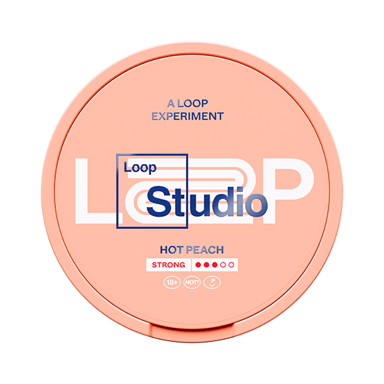 Round peach-colored can of Loop Hot Peach strong nicotine pouches with bold white and blue branding.