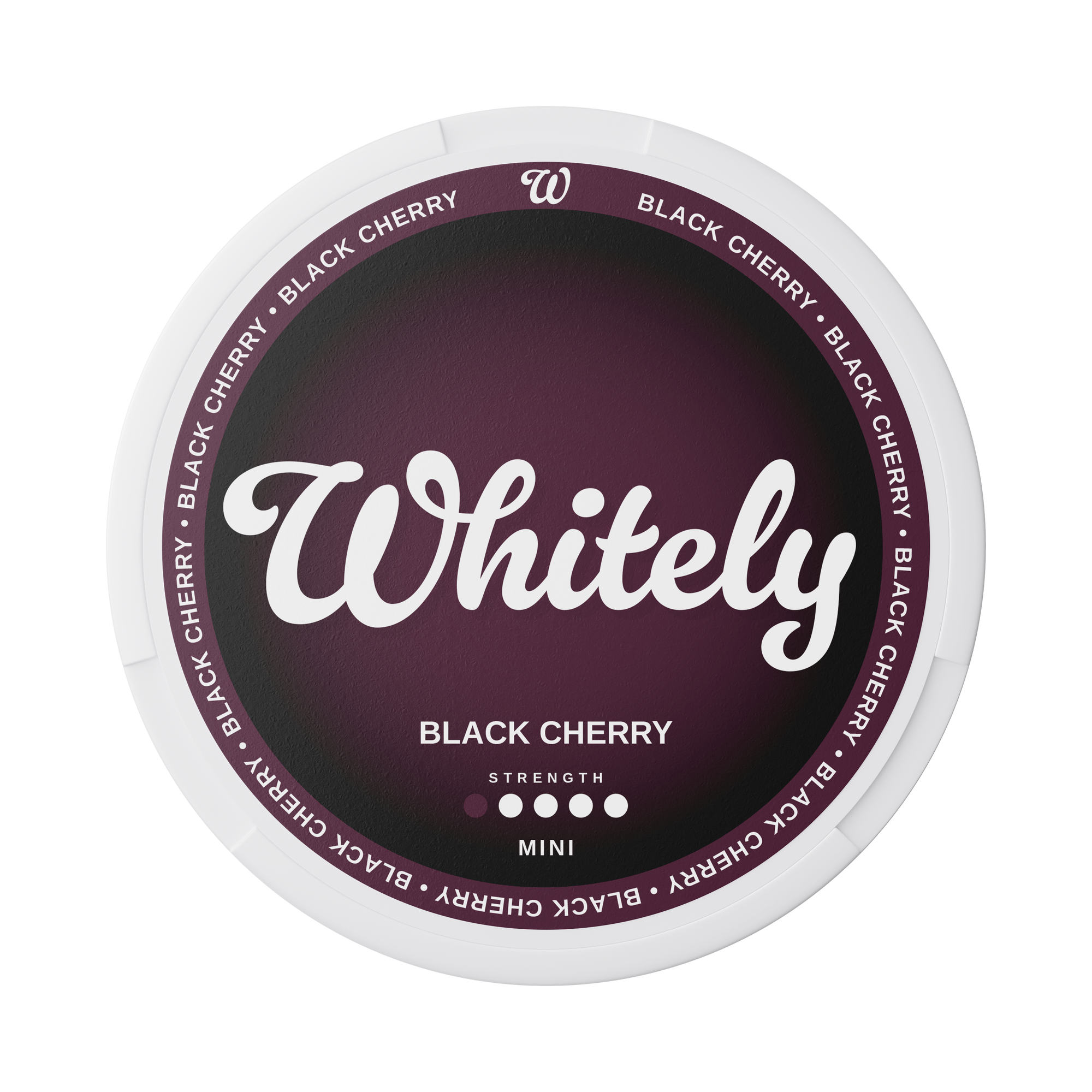 Whitely Black Cherry mini dry nicotine pouch with rich black cherry flavor and light strength in a discreet white round container