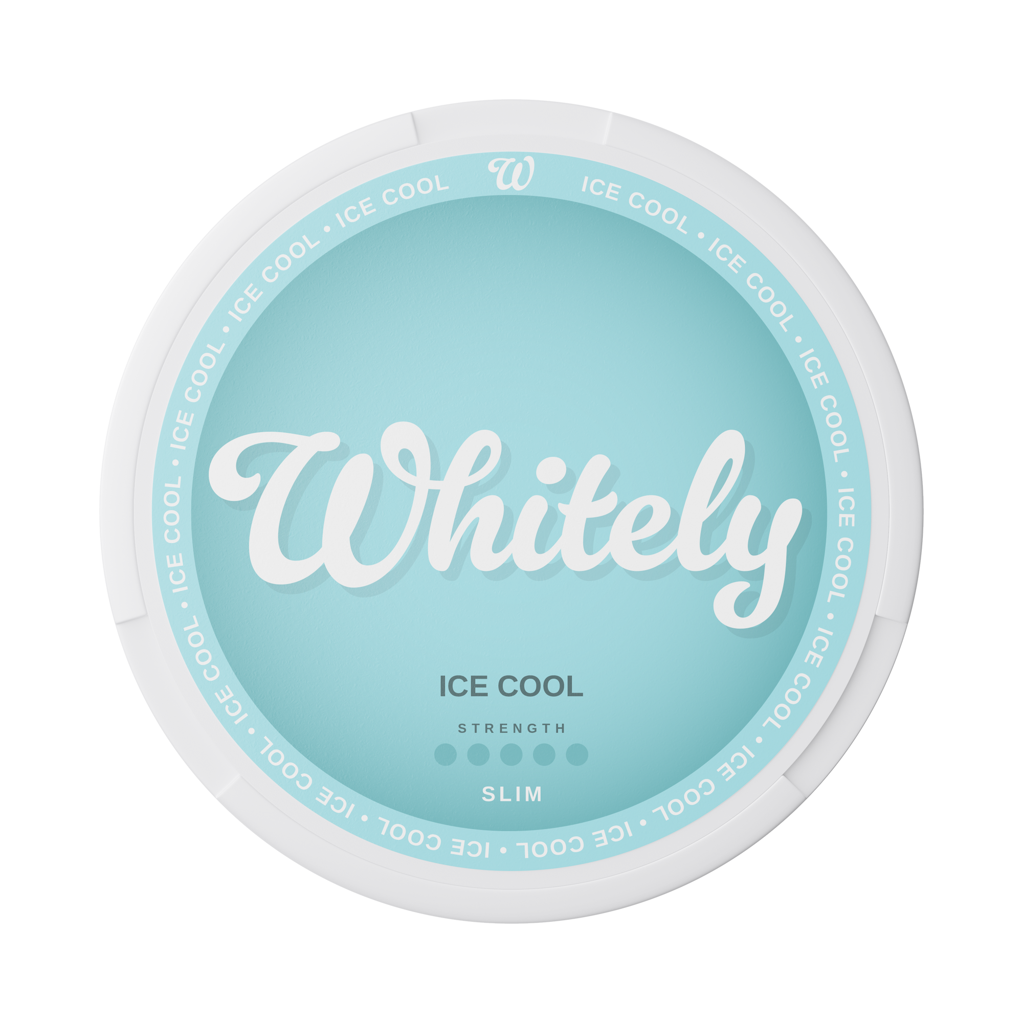 Whitely Ice Cool slim nicotine pouches with intense peppermint flavor and extra strong strength in a light blue round container