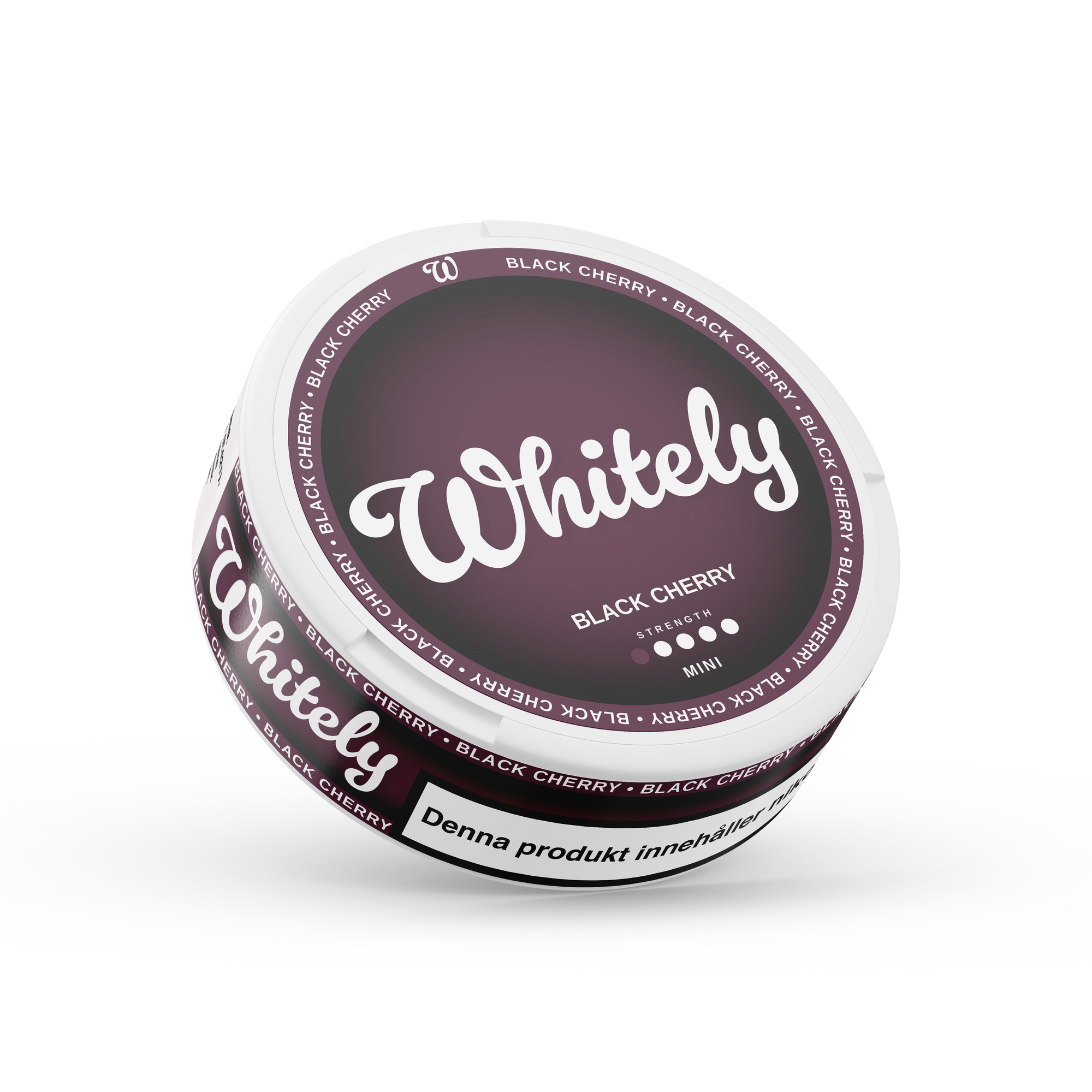 Whitely Black Cherry nicotine pouches in a round purple container with white text, featuring rich black cherry flavor and light strength.