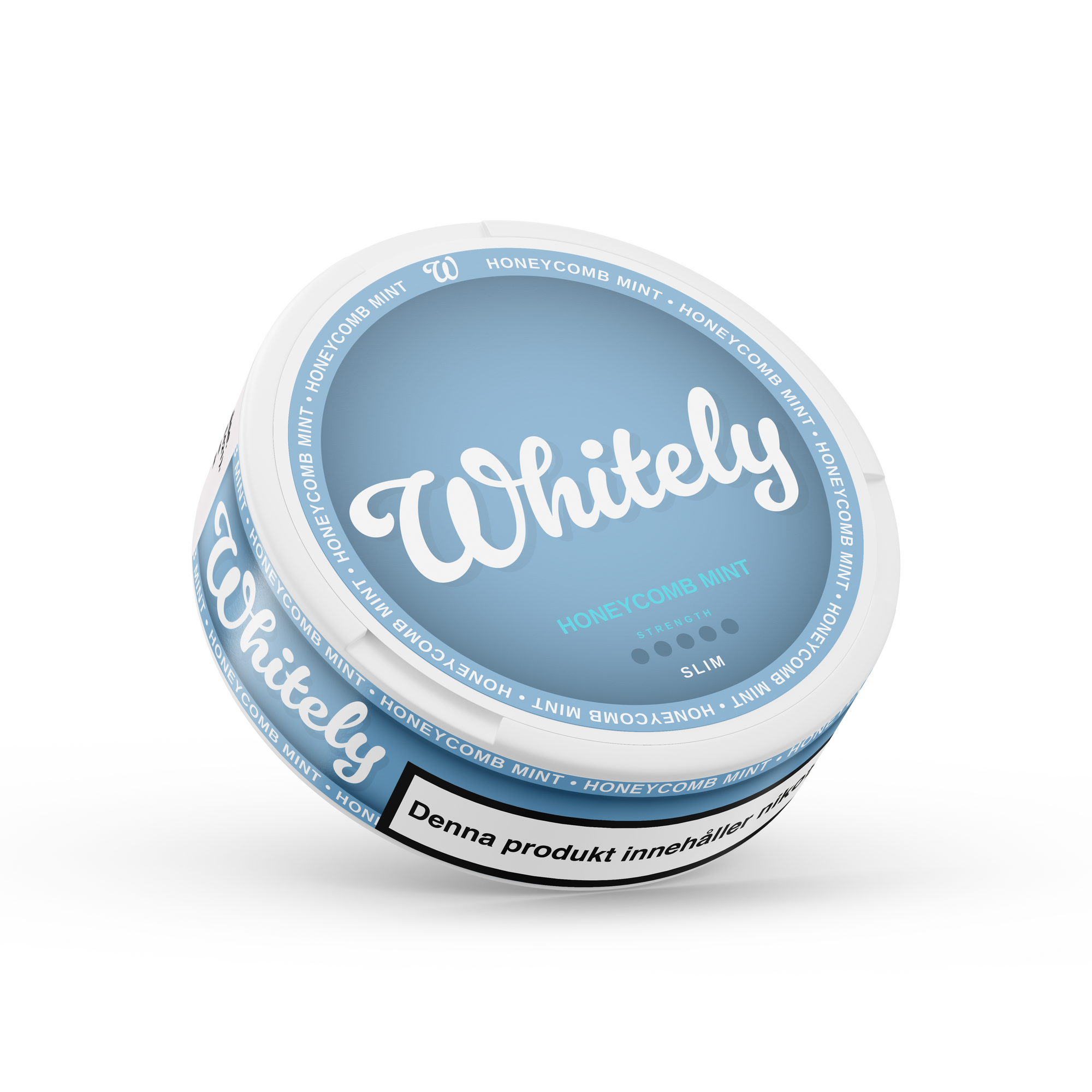 Whitely Honeycomb Mint slim nicotine pouches with sweet honeycomb and cool mint flavor, extra strong and white pouches that do not stain teeth.