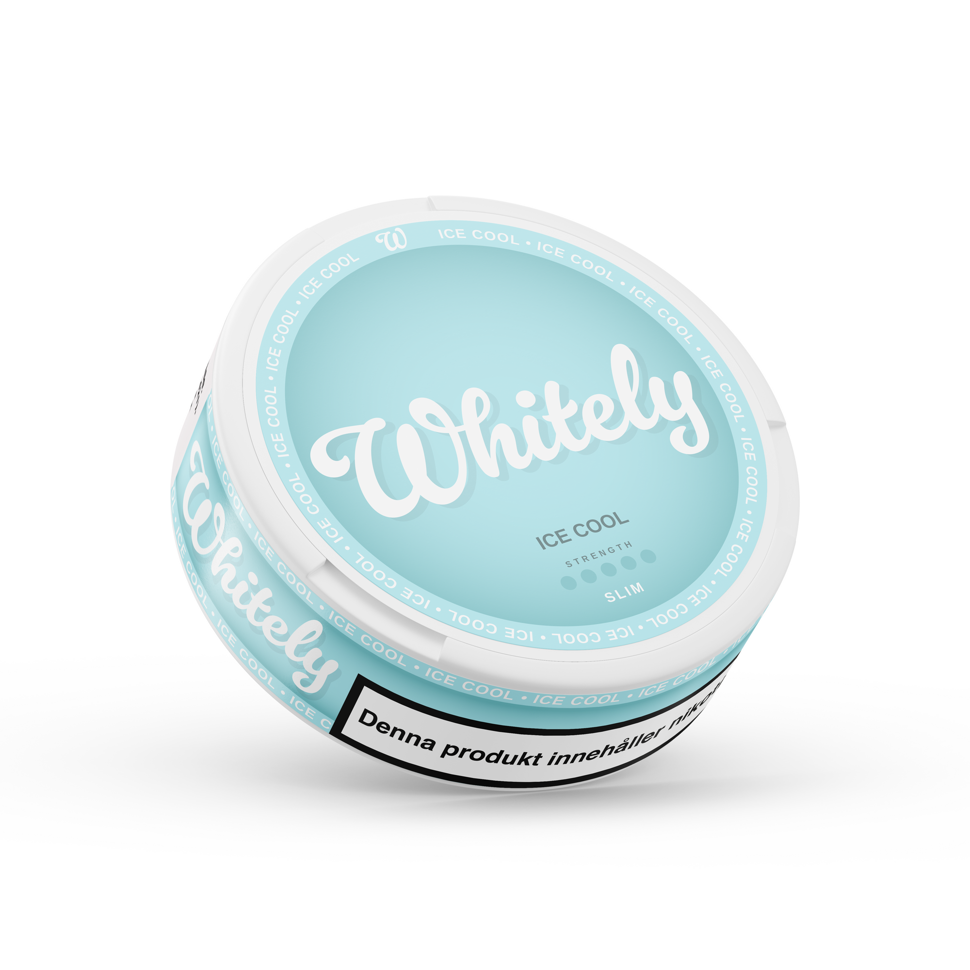 Whitely Ice Cool slim nicotine pouches with intense peppermint flavor and extra strong strength in a light blue container