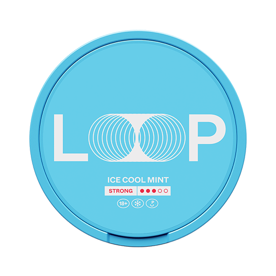 LOOP Ice Cool Mint Strong nicotine pouches in a blue round container with bold white logo and mint flavor indication