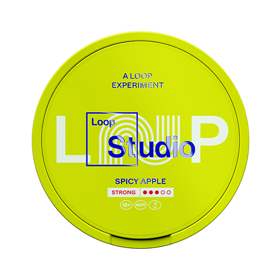 LOOP Spicy Apple nicotine pouches with crisp apple and subtle spice flavor in a bright yellow container